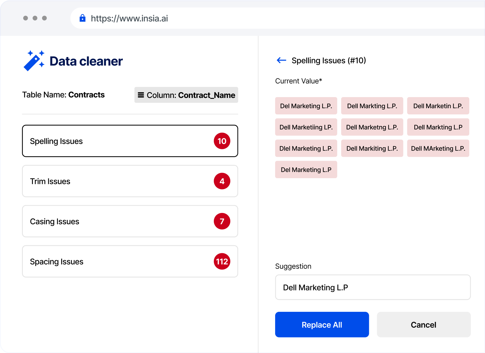 Data Cleaner — spelling, trim, casing, and spacing issue counters with replace-all controls