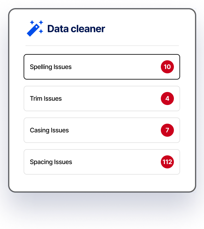Data cleaner panel showing Spelling, Title, Casing and Spacing issue rows
