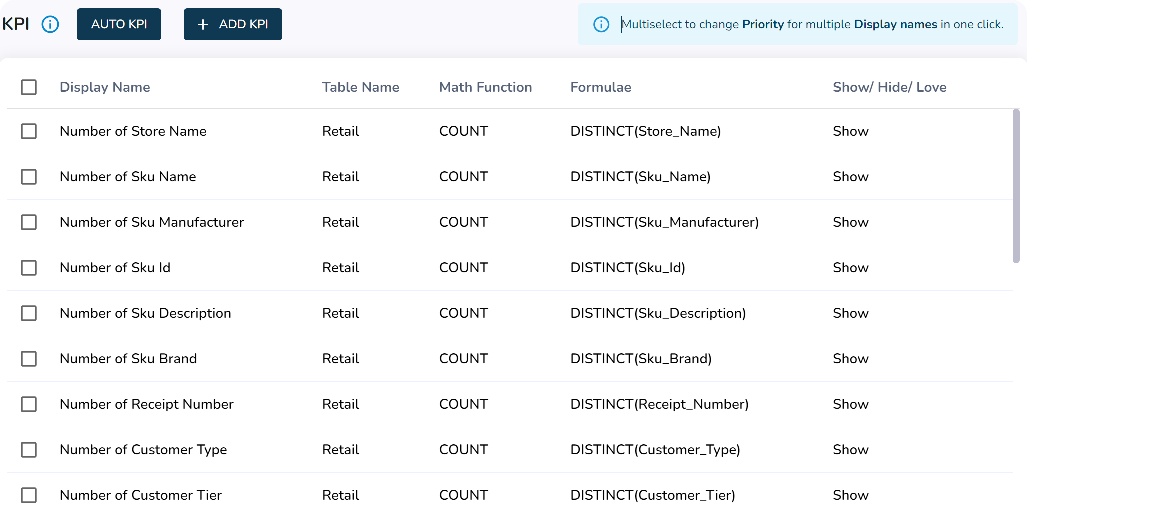 KPI settings management UI