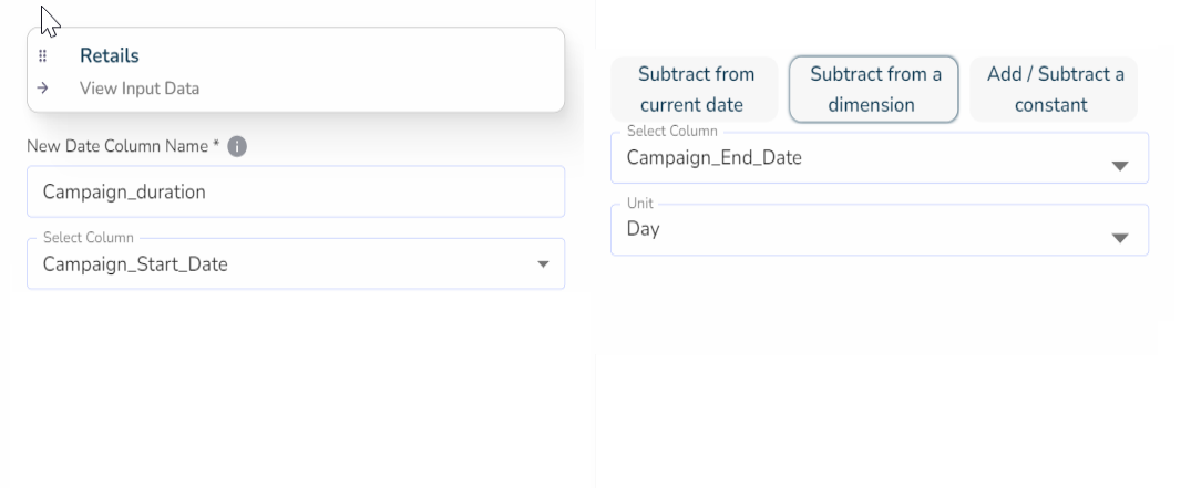Date-based derived columns mockup showing Roads validation, Subtract from Yes Validation, and Add Date to a constant