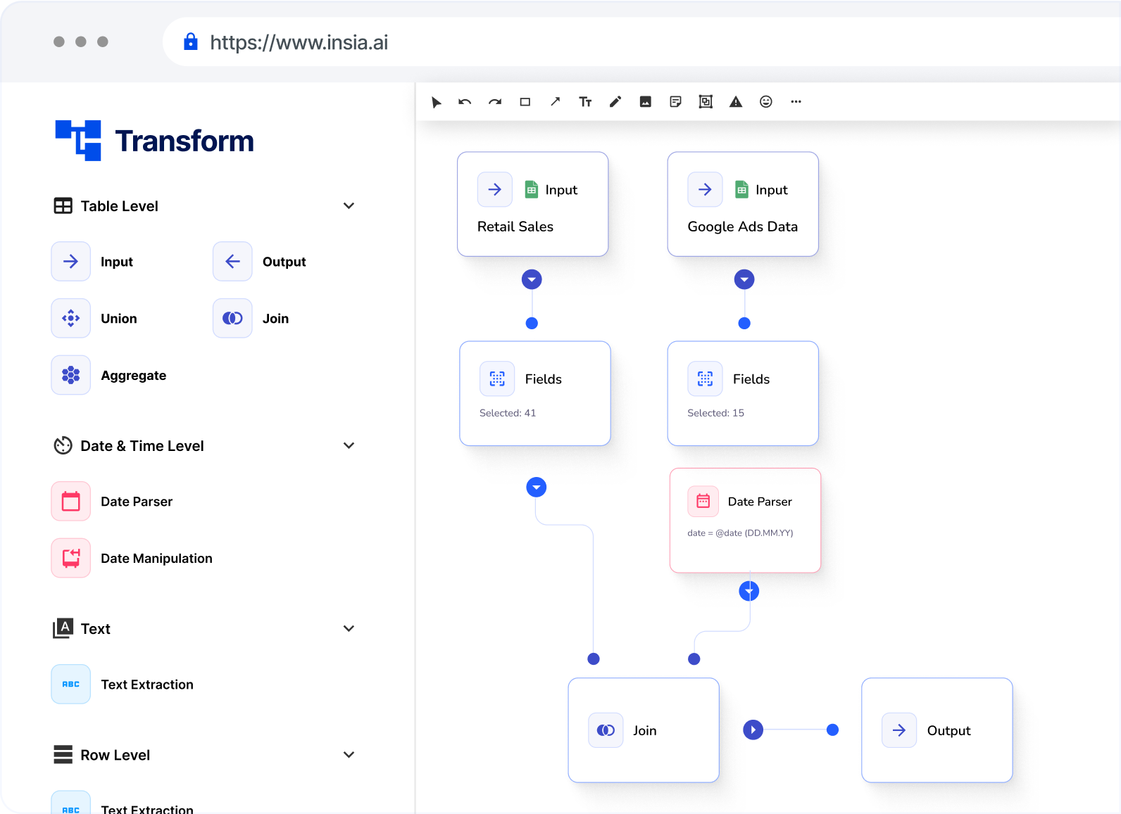 Transform — node-graph data pipeline with join, fields, and output blocks